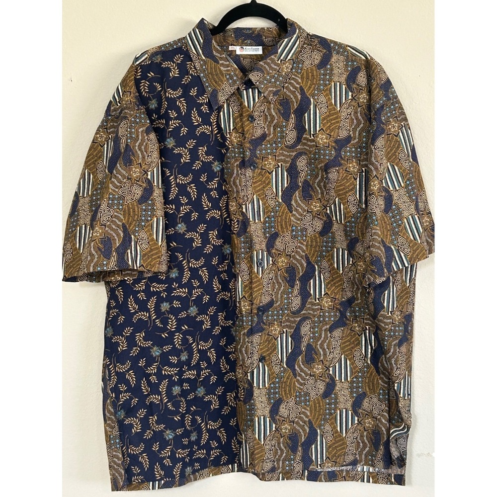 Keris Fashion Mens 3XL Batik Shirt Short Sleeve Cotton Split Print Navy Brown